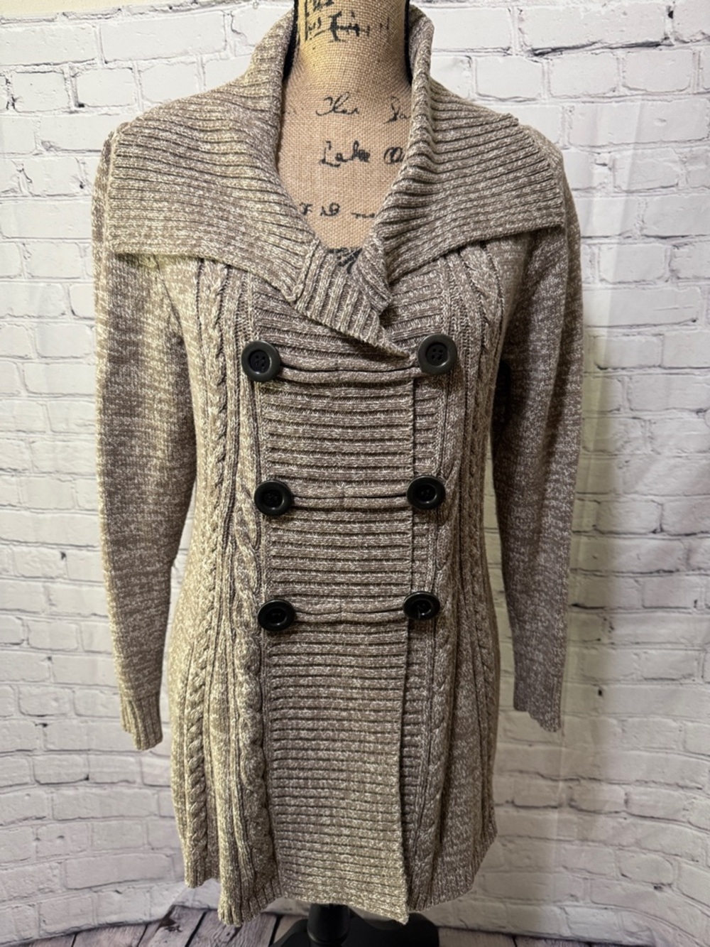 Style & Co Beige Double-Breasted Cable Knit Women's Sweater Coat